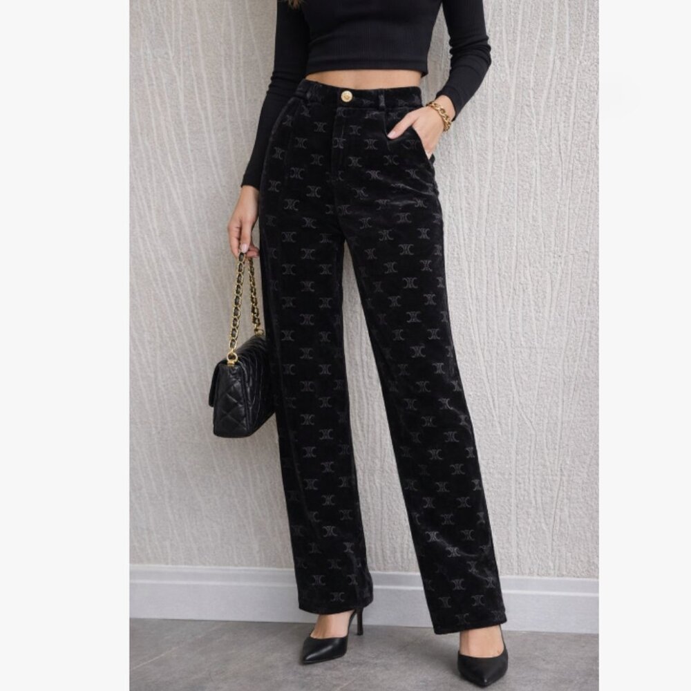 Black Velvet Monogram Pants High Waist Straight Leg Designer Style Size L